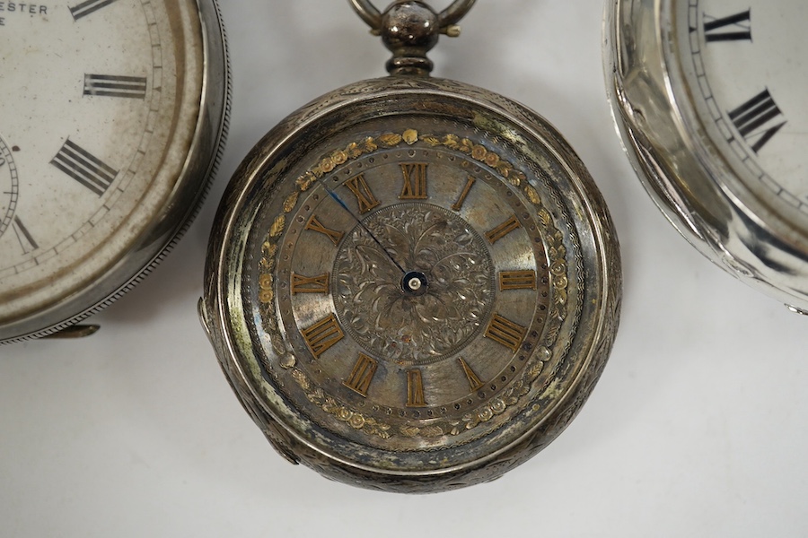 A George V Waltham silver open faced key wind pocket watch (a.f.), a 935 white metal open faced pocket watch and an 800 white metal fob watch. Condition - poor